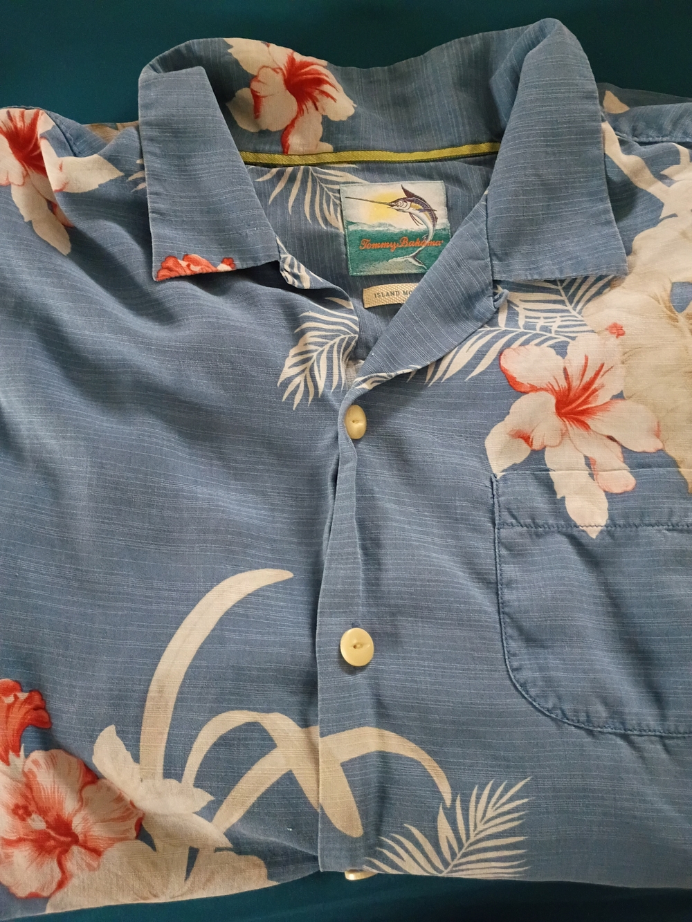 Tommy Bahama Light Blue Floral Camp Shirt with White and Coral Flowers